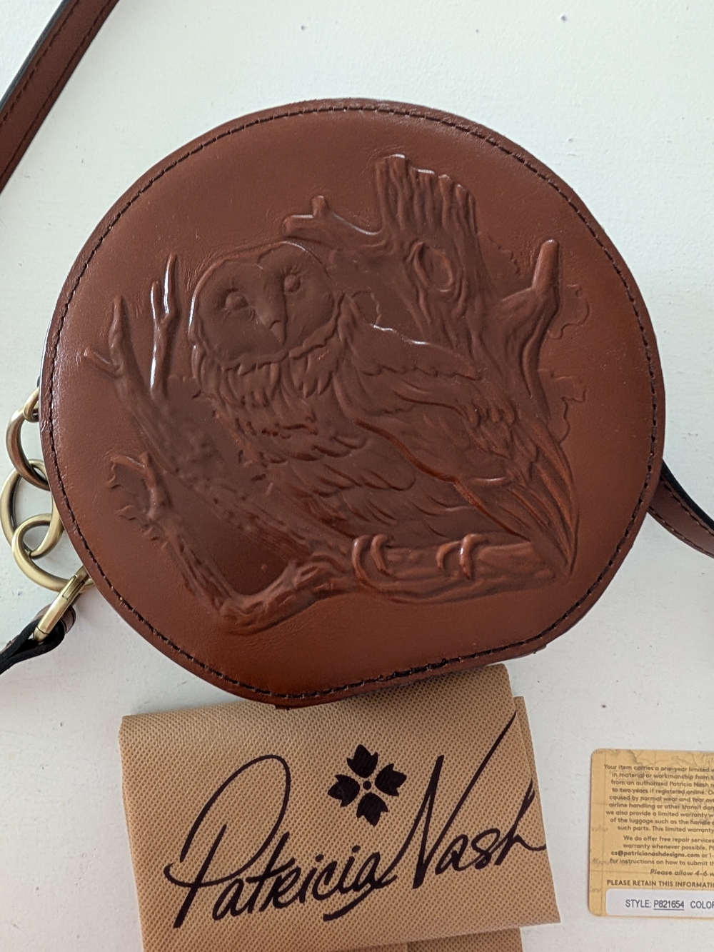 Patricia Nash Brown Embossed Owl Round Crossbody Bag